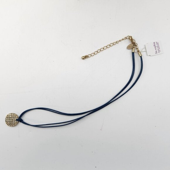Lia Sophia Spotlight Crystal Pave Coin Gold Tone Pendant Blue Cord Necklace NIB - Picture 3 of 7